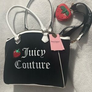Juicy Couture Black and White Shoulder Bag with Strawberry Accent